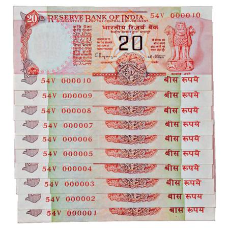 Republic of India , Set of 10 Fancy Number Notes, 20 Rupees, signed by C. Rang Rajan, INSE
