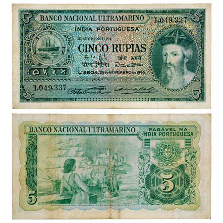 Indo-Portuguese Territories , 5 Rupias, 6th Issue, 29th November 1945, signed by Antonio D