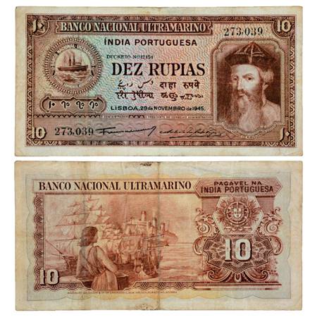 Indo-Portuguese Territories , 10 Rupias, 6th Issue, 29th November 1945, signed by Antonio 