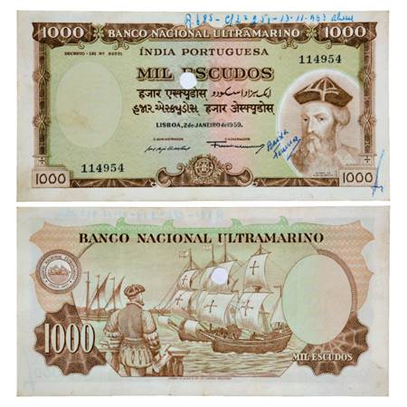 Indo-Portuguese Territories , 1000 Escudos, 7th Issue, dated 2nd January 1959, signed by F