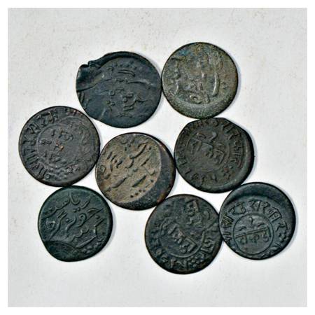 A group of 8 Junagadh Copper Dokada Error Coins , includes die shifted and double struck. 