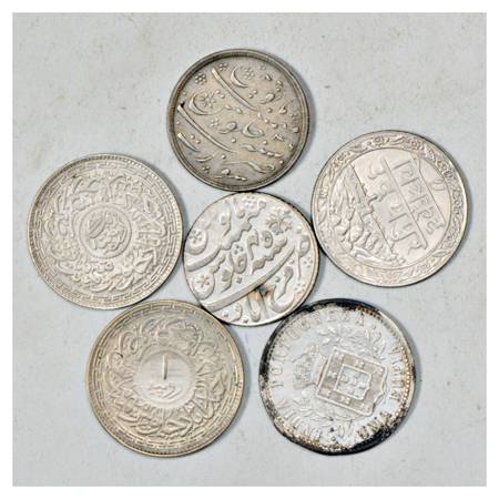 A group of 6 Silver Rupee Coins , includes State, Portuguese and Presidency, various dates