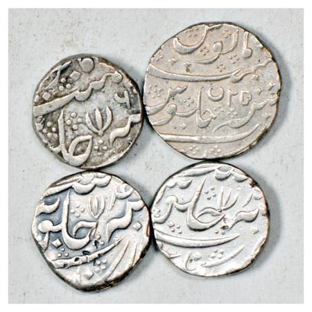 A group of 4 Silver Rupee Coins , Arkat Mint, Presidency and French India. (4 Coins)