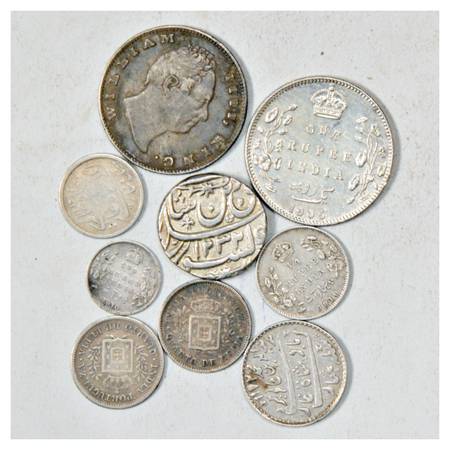 A group of 9 Silver Coins , includes Portuguese India, Presidency and British India, vario
