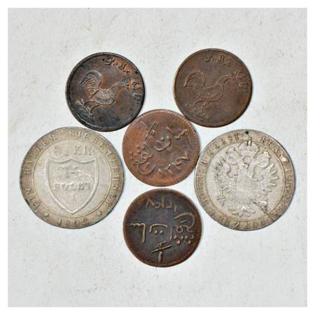 A group of 6 Foreign Coins , 2x Billon, Italian State-Gorizia and 4x Copper, Malaya Penins