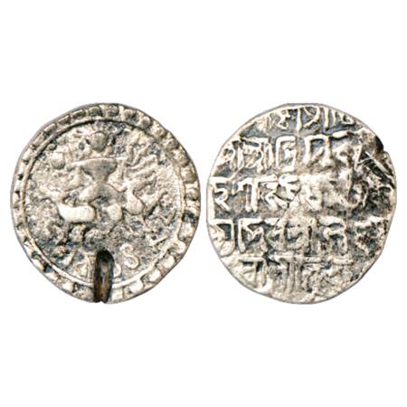 Tripura, Vijaya Manikya (1532-1564 AD), Silver Tanka, SE 1482, 10.28g. Obv: Figure of Ardh