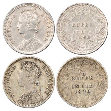 Victoria Empress, Silver ¼ Rupee (2), 1890, Calcutta Mint, C/II/'C' incused, PR 395 and Bo