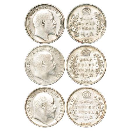 Edward VII, Silver ½ Rupee (3), 1910, Calcutta Mint, PR 314 and 1906 and 1907, Bombay Mint