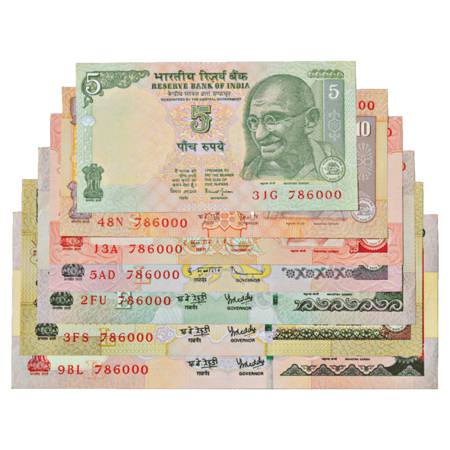 Republic of India, Set of 7 Fancy Number Notes, 5 Rupees to 1000 Rupees, signed by various