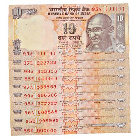 Republic of India, Set of 10 Fancy Number Notes, 10 Rupees, signed by C. Rang Rajan, Seria