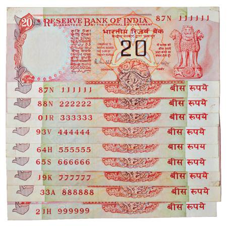 Republic of India, Set of 9 Fancy Number Notes, 20 Rupees, signed by R.N. Malhotra, wheel 