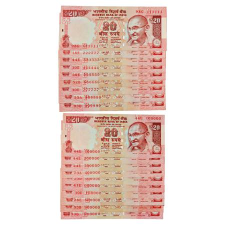 Republic of India, Set of 19 Fancy Number Notes, 20 Rupees, signed by Y.V. Reddy and D. Su