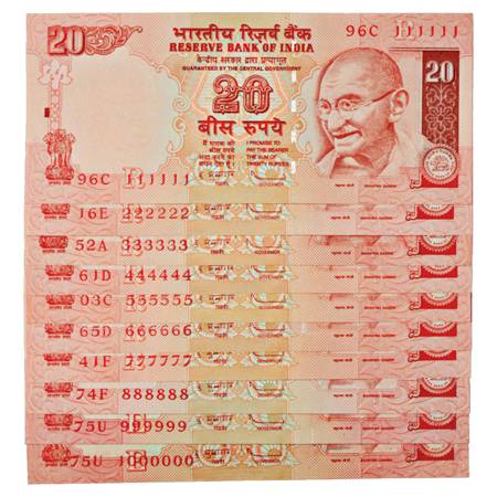 Republic of India, Set of 10 Fancy Number Notes, 20 Rupees, signed by D. Subbarao, Gandhi 
