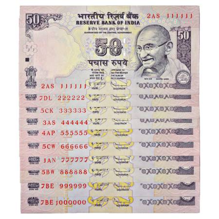 Republic of India, Set of 10 Fancy Number Notes, 50 Rupees, signed by D. Subbarao, Gandhi 
