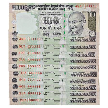 Republic of India, Set of 10 Fancy Number Notes, 100 Rupees, signed by D. Subbarao, Gandhi
