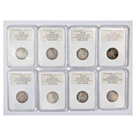 British India, Victoria Queen/Empress, Silver 1/2 Rupee (8), Various dates and Verities. (