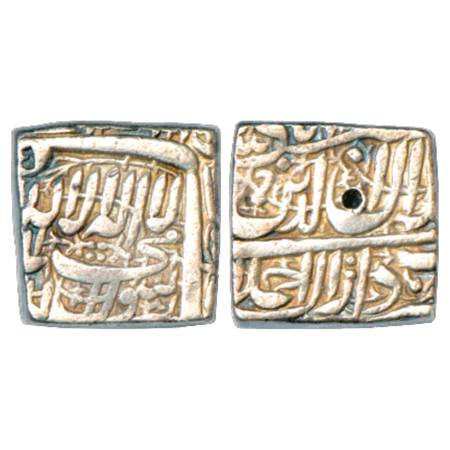 Akbar (1556-1605 AD), Silver Square Rupee, Dar ul-Sultanat Ahmadabad Mint, KM 82.1. Very F