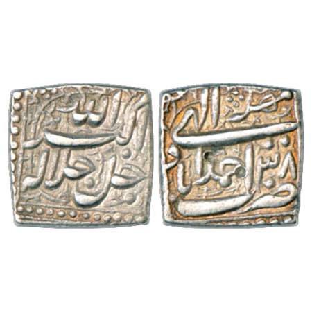 Akbar (1556-1605 AD), Silver Square Rupee, Ahmadabad Mint, Mihr 38, KM 88.1. Very Fine+, V