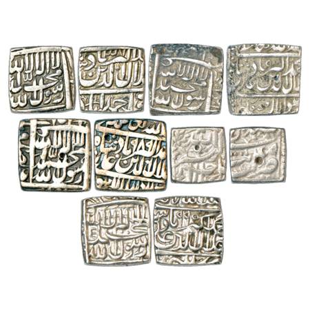 Akbar (1556-1605 AD), Silver Square Rupee (5), 1x Ahmadabad Mint, Ilahi 37, 1x Dar ul-Sult