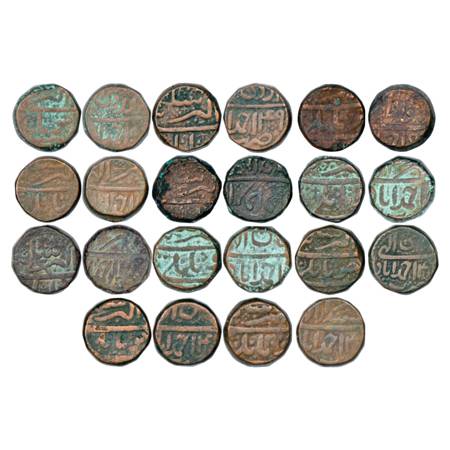 Akbar (1556-1605 AD), a group of eleven Copper Cho Tanki coins, with obverse legend Chau T