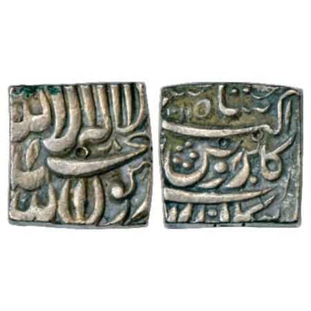Akbar (1556-1605 AD), Silver Square Rupee, Bangala Mint, AH 1011. Obv: Kalima. Rev: Poetic
