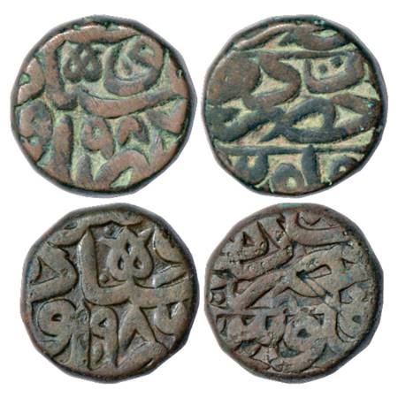 Akbar (1556-1605 AD), Copper Dam (2), Hazrat Dehli Mint, AH 986, 19.59g and AH 987, 20.15g