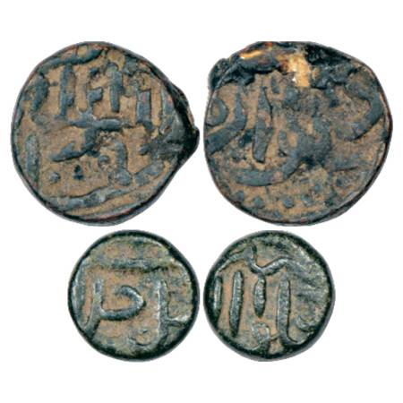 Akbar (1556-1605 AD), Copper Dokdo, 6.35g and Trambiyo, 2.99g, Delwara Mint, date AH 1001 