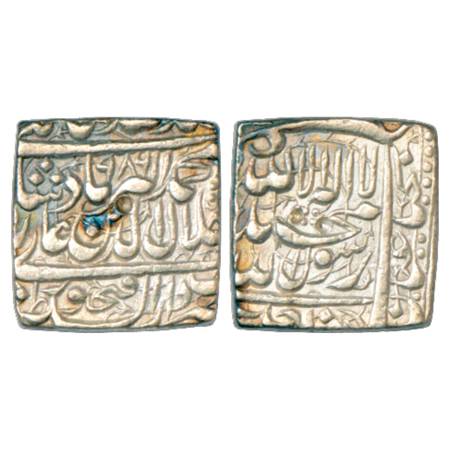 Akbar (1556-1605 AD), Silver Square Rupee, Dar us-Sultanat Fathpur Mint, AH 986, KM 82.2. 