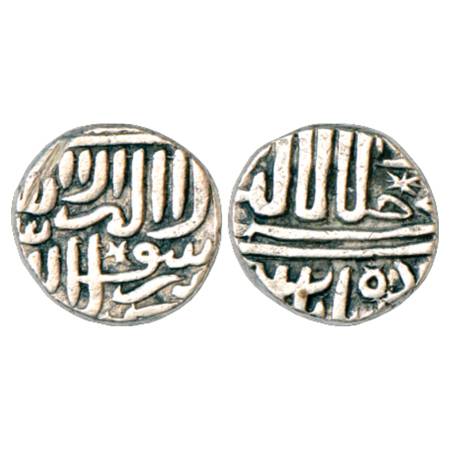 Akbar (1556-1605 AD), Silver Tanka in local Malwa style and Febric, NM, 6.85g. Obv: Kalima