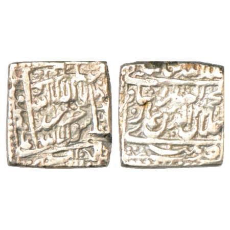 Akbar (1556-1605 AD), Silver Square Rupee, Patna Mint, KM 82.6. Gash on edge, Very Fine, V