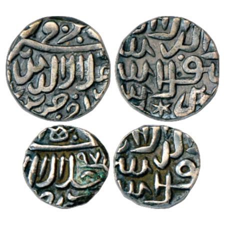 Akbar (1556-1605 AD), Silver (2), Ujjain Mint, 1x ½ Rupee, KM 75.1 and 1x ½ Tanka, AH 97x,