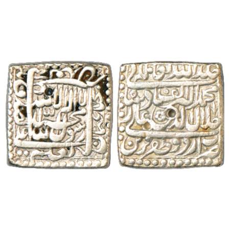 Akbar (1556-1605 AD), Silver Square Rupee, Urdu Zafar Qarin Mint, AH Alf (1000), KM 82.8. 