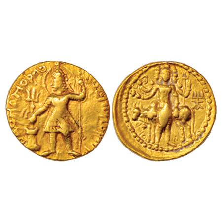 Kushans, Vasudeva I (180-220 AD), Gold Dinar, 8.01g. Obv: King standing wearing a conical 