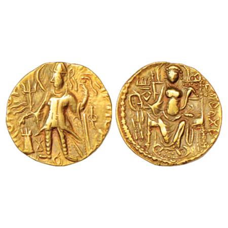 Kushans, Vasudeva II (260-300 AD), Gold Dinar temp. MAC 3551-3553, 7.78g. Obv: Nimbate kin