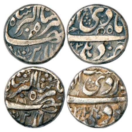 Jahangir (1605-1627 AD), Silver Rupee (2), Delhi Mint, Di, AH (10)23 and Ardibihist, AH (1