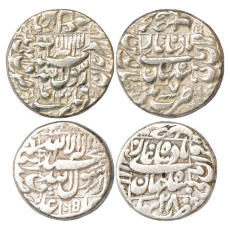 Shah Jahan (1627-1658 AD), Silver Rupee (2), Bhakkar Mint, AH 1044/RY 7 and AH 1065/RY 28,