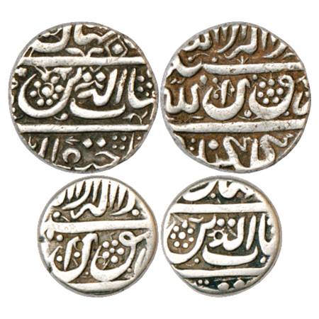 Shah Jahan (1628-1658 AD), Silver (2), Golkunda Mint, both sides crude calligraphy, 1x Rup