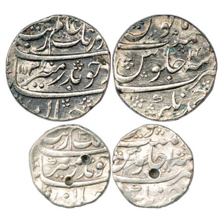 Aurangzeb (1658-1707 AD), Silver (2), Ahmadnagar Mint, Rupee, AH 1113/RY 46, KM 300.3 and 