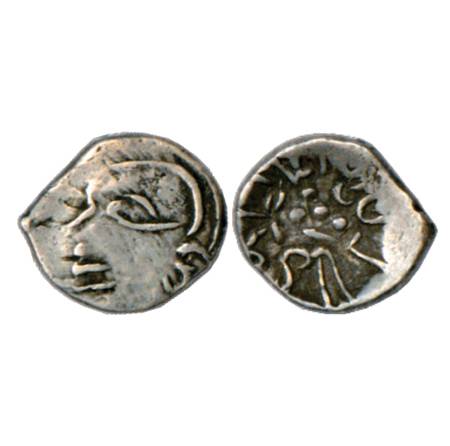 Post-Gupta Punjab/Sindh, Ranavigraha (550-600 AD), Silver Dramma, 0.49g. Obv: Profile bust