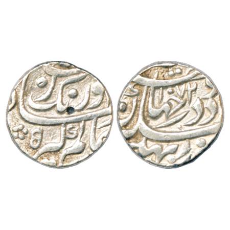 Aurangzeb (1658-1707 AD), Silver Rupee, Bhakkar Mint, AH 1072/RY 5, Poetic couplet on obve