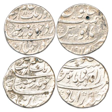 Aurangzeb (1658-1707 AD), Silver Rupee (2), Gwalior Mint, AH 1100/RY 32, KM 300.30 and Dar