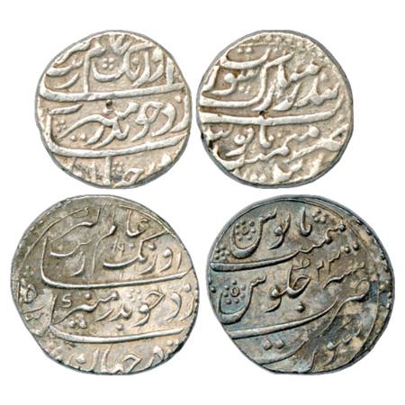 Aurangzeb (1658-1707 AD), Silver Rupee (2), Bandar-i-Mubarak Surat Mint, KM 300.85 and Sur