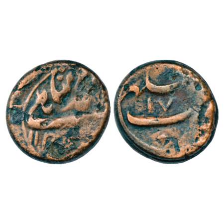 Muhammad Shah (1719-1748 AD), Copper Dam, 17.10g. Bhakkar Mint, AH 114x/RY 17, KM A 430.2.