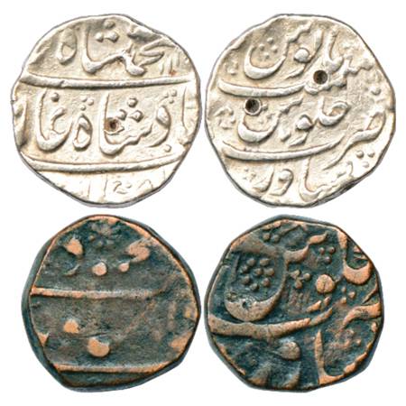 Muhammad Shah (1719-1748 AD), Peshawar Mint (2), Silver Rupee, AH 114x/RY 7, KM 436.50 and