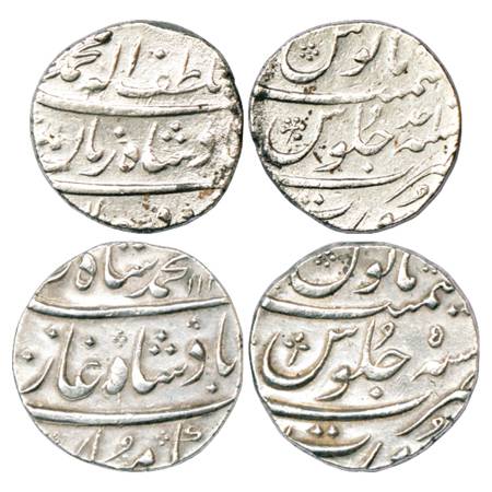 Muhammad Shah (1719-1748 AD), Silver Rupee (2), Surat Mint, 'Ba-Luft-Alah Badshah-i-Zaman'