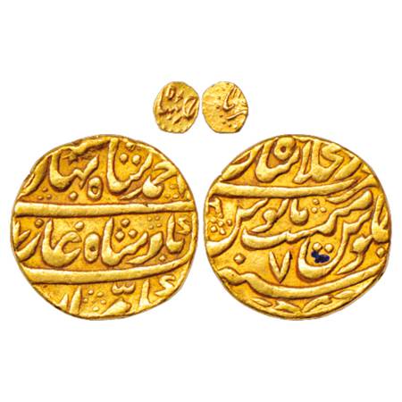 Ahmad Shah Bahadur (1748-1754 AD), Gold (2), Fanam, 0.18g. Karpa Mint, KM B450.1 and Mohur