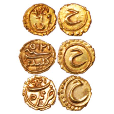 Mysore, Tipu Sultan (1787-1799 AD), Gold Fanam (3), 0.35g each, 1x Farrukhi Mint, AM 1216,