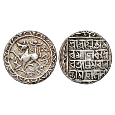 Tripura, Amara Manikya (1577-1586 AD), Silver Tanka, SE 1499. Obv: Lion facing left, small