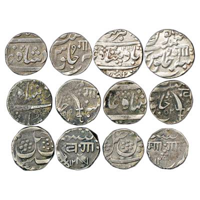 Baroda, Silver Rupee (6), 1 x Manaji Rao, No date/RY, 1 x Anand Rao, AH 1226/RY 6, 1 x Gan