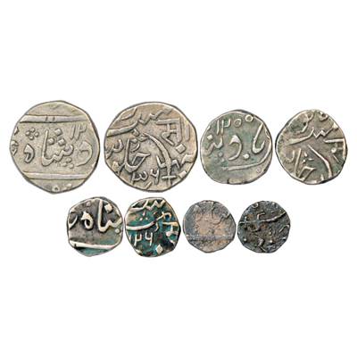 Baroda, Sayaji Rao II (1819-1847 AD), Set of 4 Silver Coins, Rupee, AH 125x/RY 36, ½ Rupee